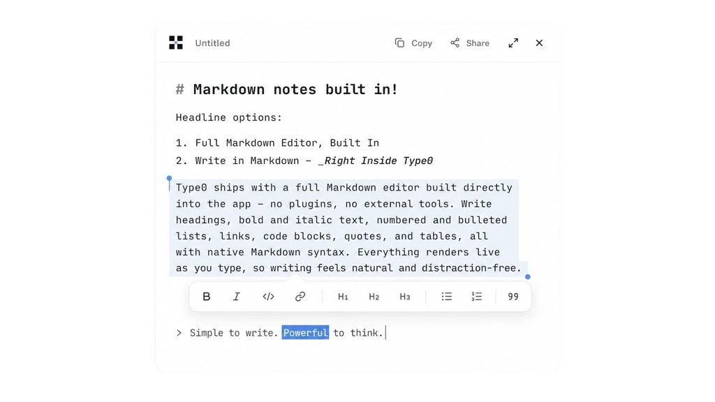 type0 notes window with dictated text